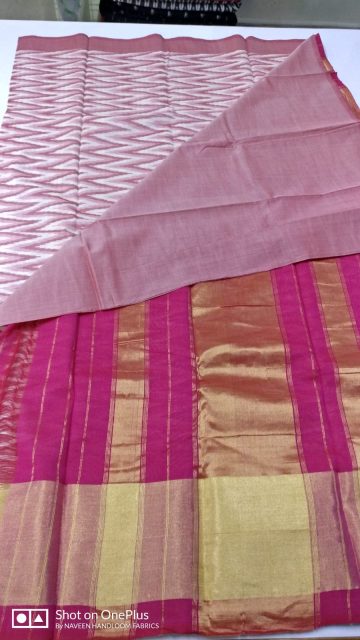 Light Pink Ikat Mercerized Zari border Saree with blouse