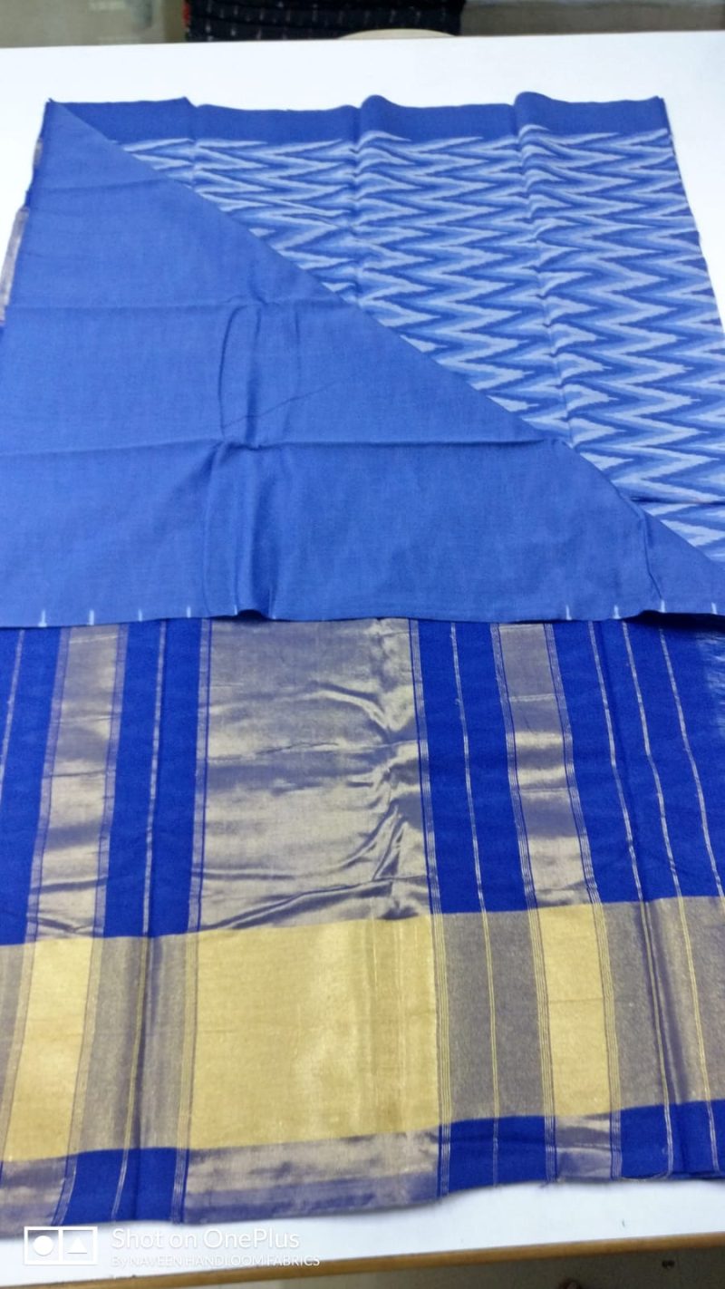 Sky Blue Ikat Mercerized Zari border Saree with blouse
